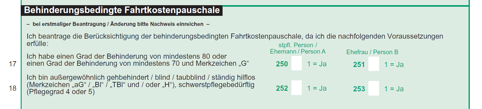 Auszug Formular: Behinderungsbedingte Fahrtkostenpauschale