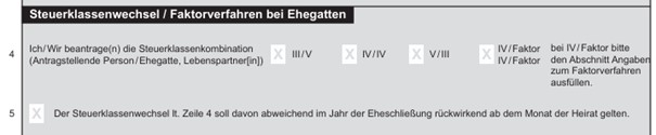 Vordruckausschnitt zum Steuerklassenwechsel bei Eheatten Zeile 4 und 5