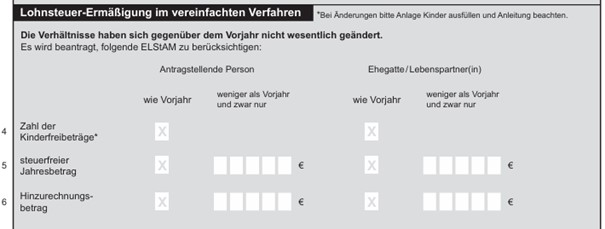 Vordruckausschnitt zur Anlage Lohnsteuer-Ermäßigung im vereinfachten Verfahren Zeile 4 bis 6