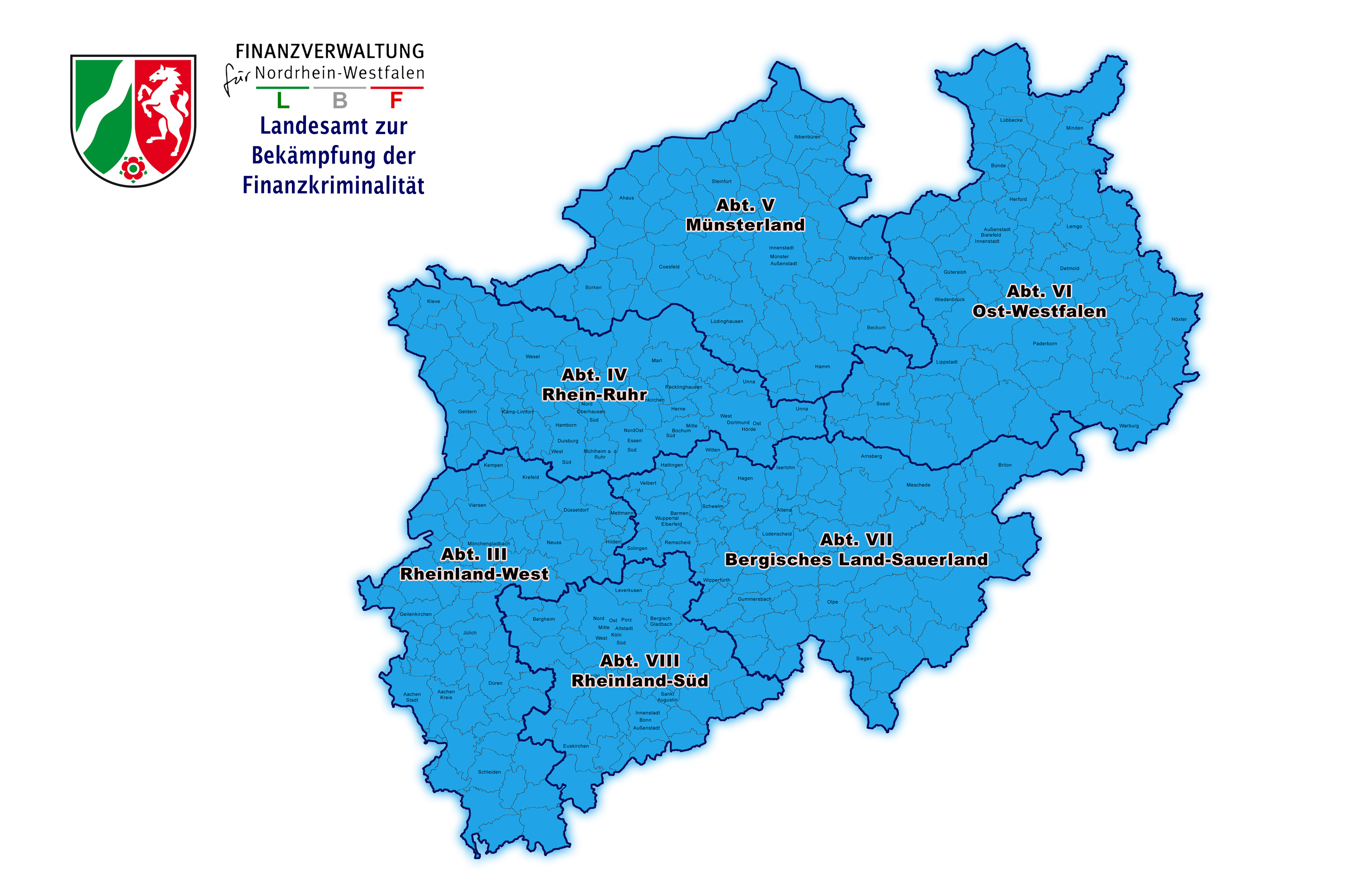 Die Karte bilden die sechs Regionalabteilungen vom Landesamt für Bekämpfung der Finanzkriminalität in NRW ab.