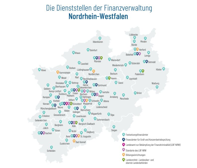 Standortkarte der Finanzämter in NRW