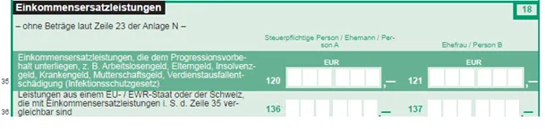 Einkommensteuervordruck Zeile 35 und 36 Einkommensersatzleistungen (z.B.: Elterngeld)