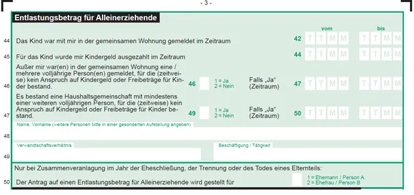 Einkommensteuervordruck Zeile 44 ff. Entlastungsbetrag für Alleinerziehende