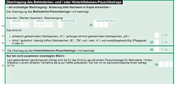 Vordruckausschnitt Einkommensteuer Zeile 58 ff. Übertragung des Behinderten- und / oder Hinterbliebenen-Pauschbetrags