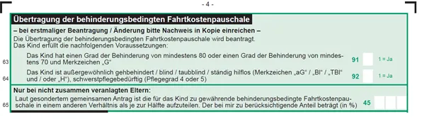 Einkommensteuervordruckausschnitt Zeile 63 ff. Übertragung der behinderungsbedingten Fahrtkostenpauschale