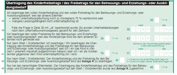 Vordruckausschnitt Anlage Kind Zeile 38 ff. Übertragung des Kinderfreibetrags / des Freibetrags für den Betreuungs- und Erziehungs- oder Ausbildungsbedarf