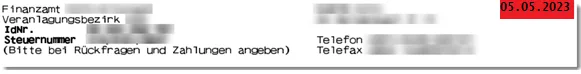 Auszug Steuerbescheid Kopfbereich - Datum rechts oben