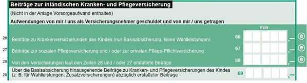 Vordruckausschnitt Anlage Kind Zeile 26 ff. Beiträge zur inländischen Kranken- und Pflegeversicherung