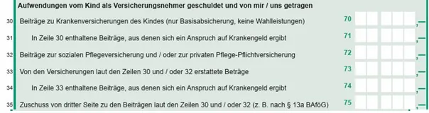 Einkommensteuervordruck Zeile 30 ff. Aufwendungen vom Kind als Versicherungsnehmer geschuldet und von mir / uns getragen