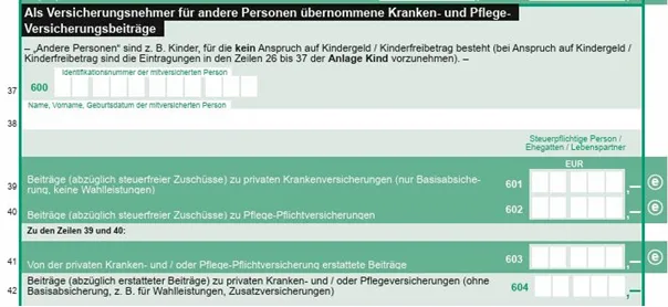 Einkommensteuervordruck Zeile 37 ff. Als Versicherungsnehmer für andere Personen übernommene Kranken- und Pflege-Versicherungsbeiträge