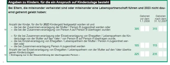 Auszug aus der Anlage AV zu den Angaben zu Kindern für das Jahr 2022