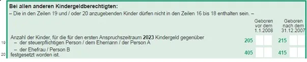 Auszug aus der Anlage AV bei allen anderen Kindergeldberechtigten 2023 Zeile 19 und 20