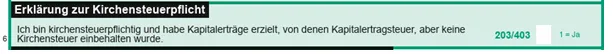 Ausschnitt aus der Anlage KAP - Zeile 6 (Angaben zur Kirchensteuerpflicht)