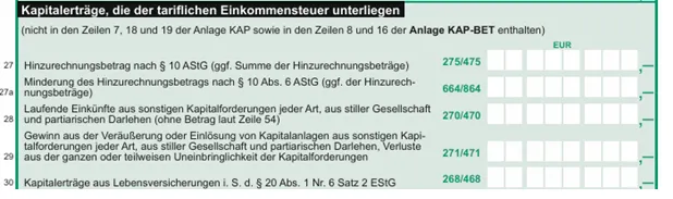 Vordruckausschnitt aus der Anlage Kap - Zeile 27-30 (Kapitalerträge, die der tariflichen Einkommensteuer unterliegen)