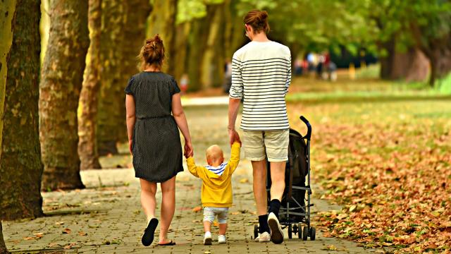 Stimmungsbild zum Beitrag: Eine Frau und ein Mann halten ihr Kleinkind an den Händen und gehen spazieren.