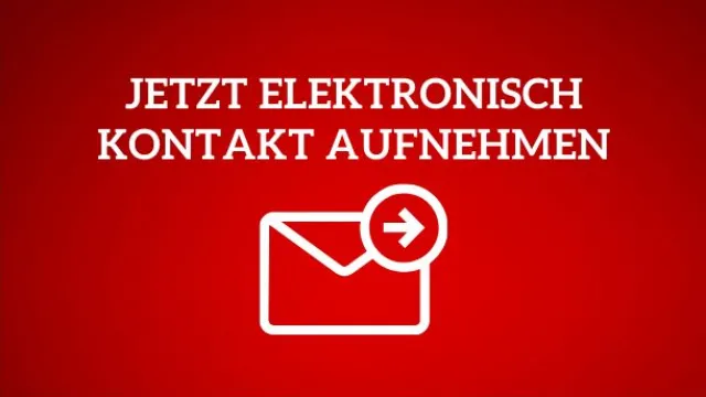 Auf einem roten Hintergrund ist der Text "Jetzt elektronisch Kontakt aufnehmen" abgedruckt. Zudem ist ein Briefumschlag mit einem Pfeil nach rechts abgebildet.