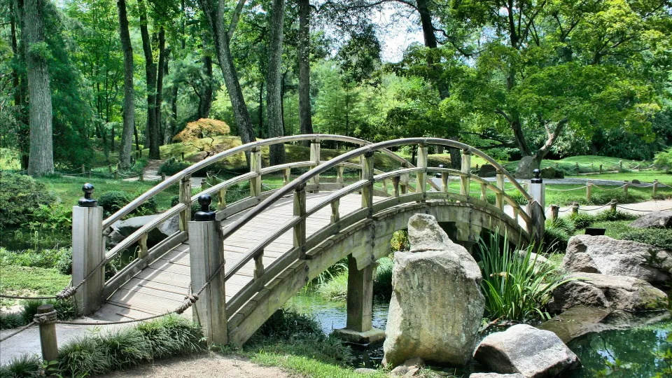 Stimmungsbild zum Beitrag: Es wird eine Brücke, die über einen steinigen Bach führt, abgebildet.